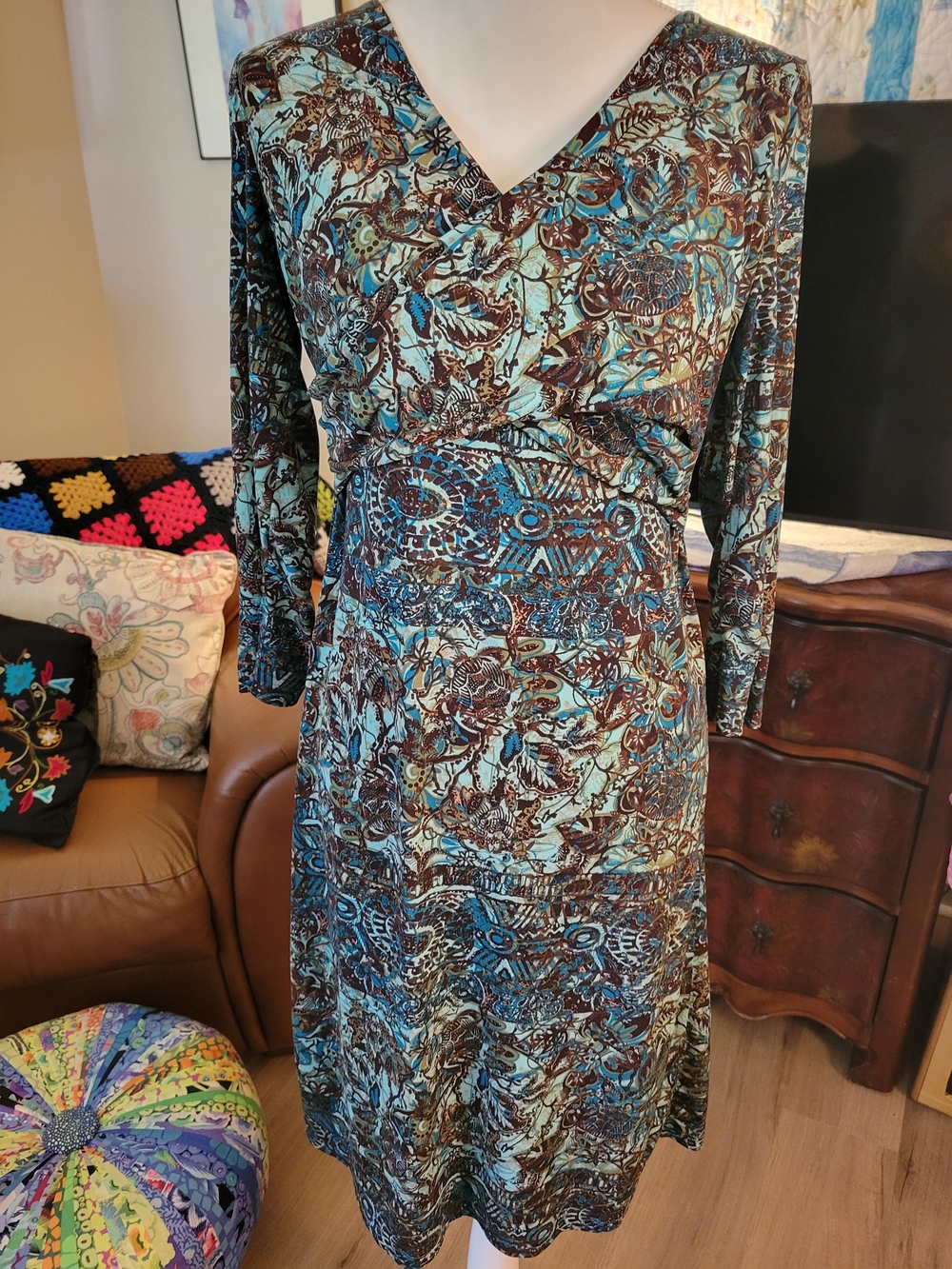 Coldwater Creek Teal and Brown Patterned V-Neck Long Sleeve Dress - Picture 3 of 5